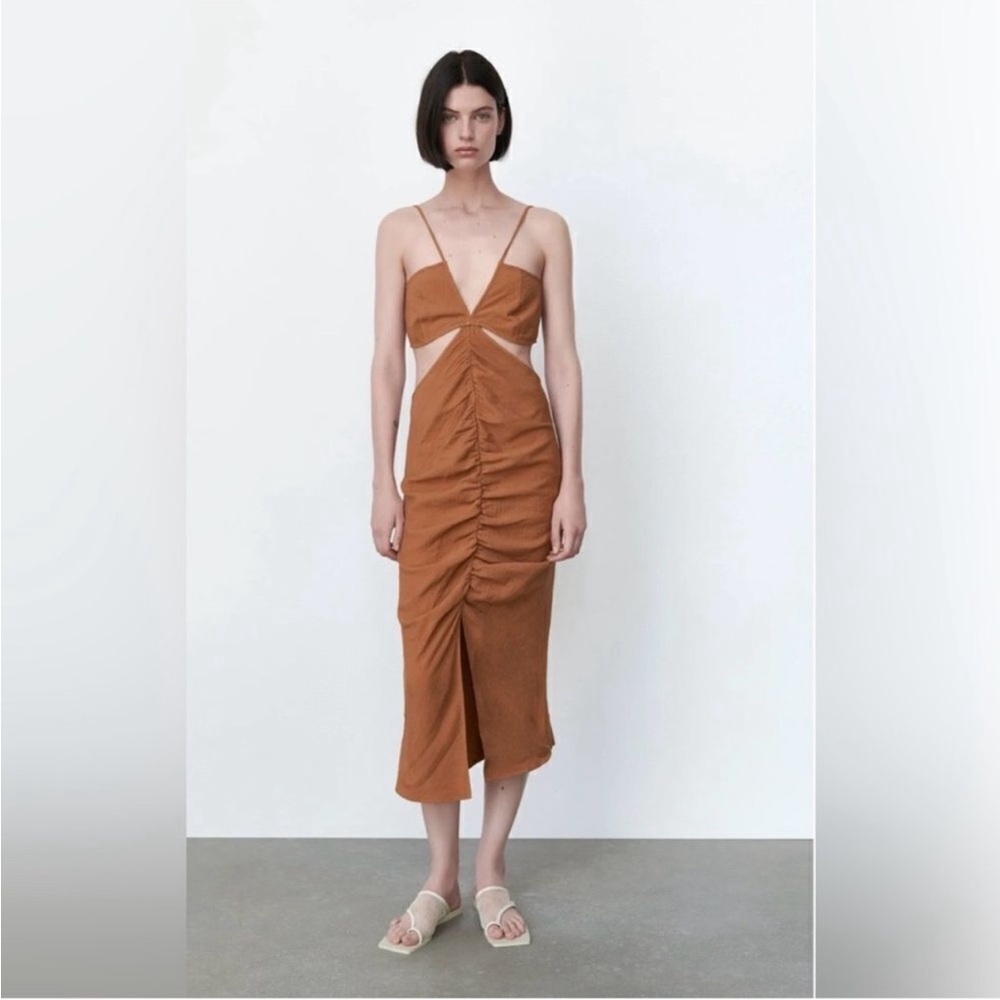 Zara Rust Brown Ruched Midi Dress